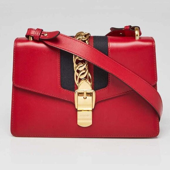 Gucci Red Calfskin Leather Small Sylvie Shoulder Bag - Picture 1 of 10